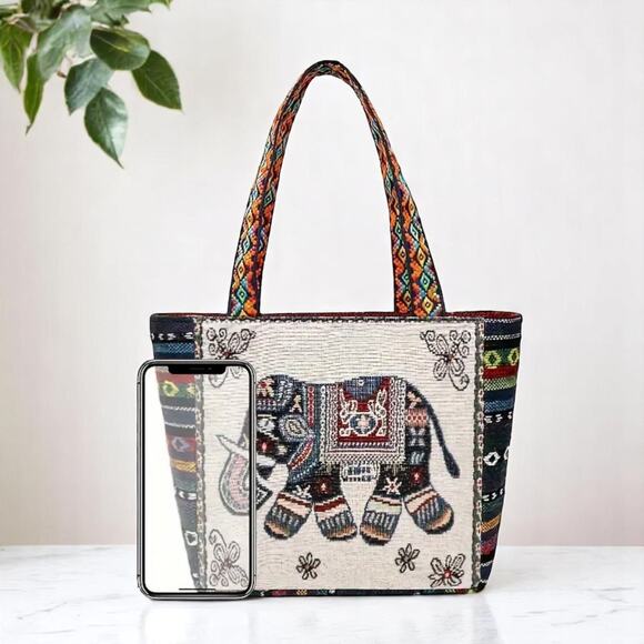 Elephant Embroidered Cream Tote Bag Jacquard Fabric Boho NWT - Picture 4 of 14